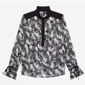 The Kooples Sheer Black and White Butterfly Buttoned Blouse with Mandarin Collar